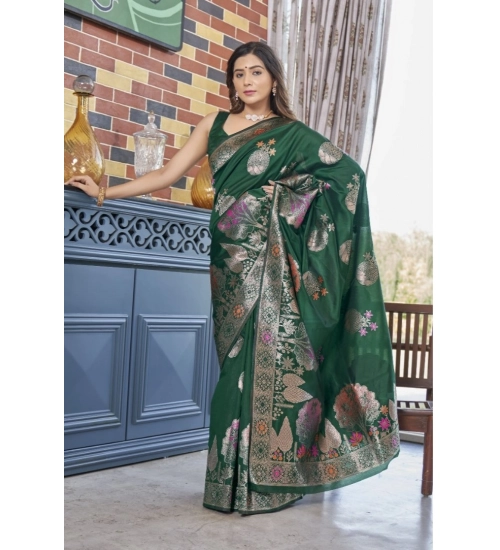 Generic Women's Silk Printed Saree With Unstitched Blouse 5.5Mtr (Green)