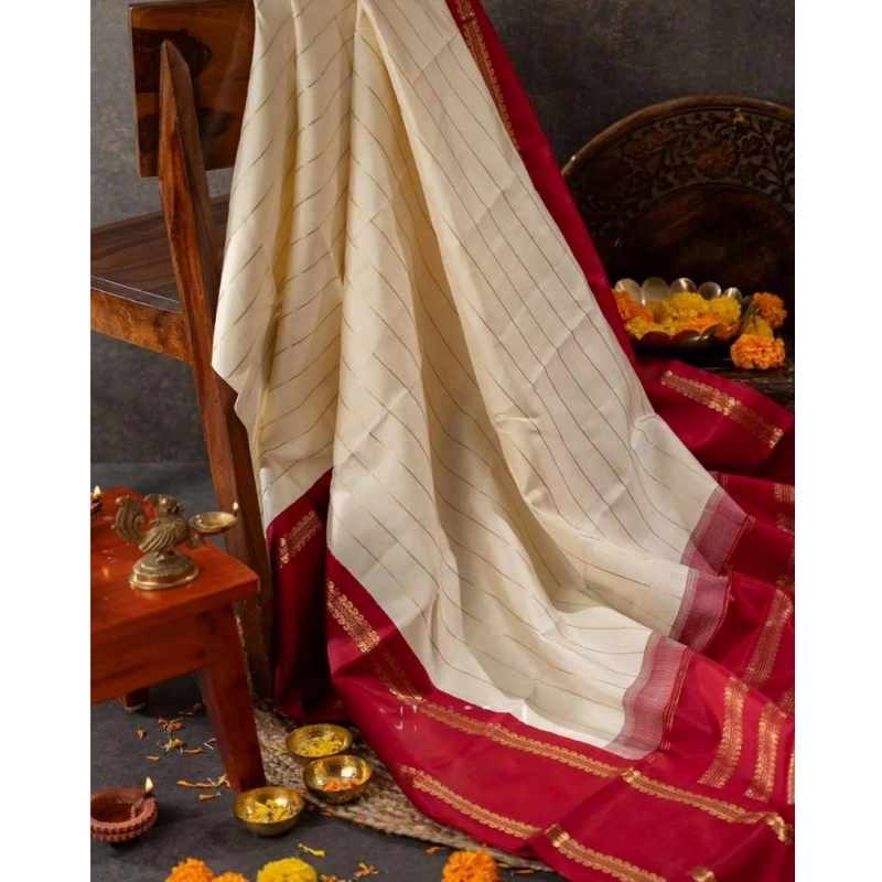 Women's Silk Printed Saree With Unstitched Blouse 5.5Mtr (Off White)