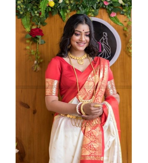 Generic Women's Silk Printed Saree With Unstitched Blouse 5.5Mtr (White-Red)