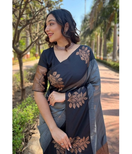 Generic Women's Silk Printed Saree With Unstitched Blouse 5.5Mtr (Grey)