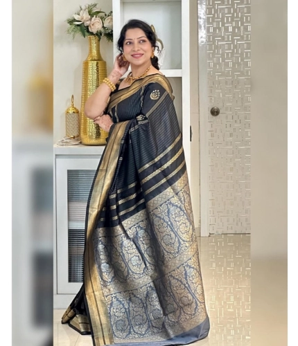 Generic Women's Silk Printed Saree With Unstitched Blouse 5.5Mtr (Black)