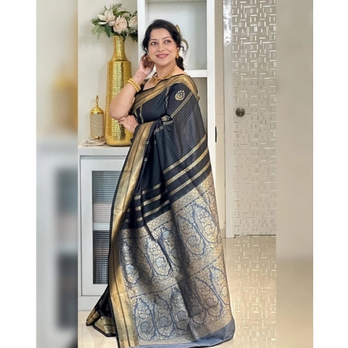 Women's Silk Printed Saree With Unstitched Blouse 5.5Mtr (Black)