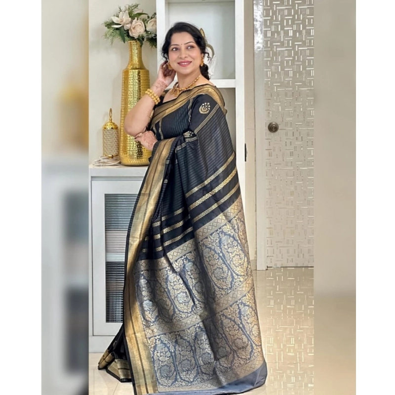 Women's Silk Printed Saree With Unstitched Blouse 5.5Mtr (Black)
