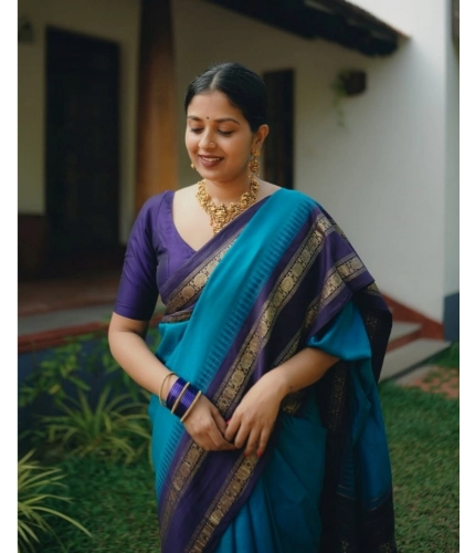 Generic Women's Silk Printed Saree With Unstitched Blouse 5.5Mtr (Blue)