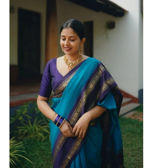 Generic Women's Silk Printed Saree With Unstitched Blouse 5.5Mtr (Blue)