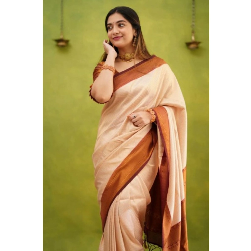 Women's Silk Printed Saree With Unstitched Blouse 5.5Mtr (Cream) Women's Silk Printed Saree With Unstitched Blouse 5.5Mtr (Cream)