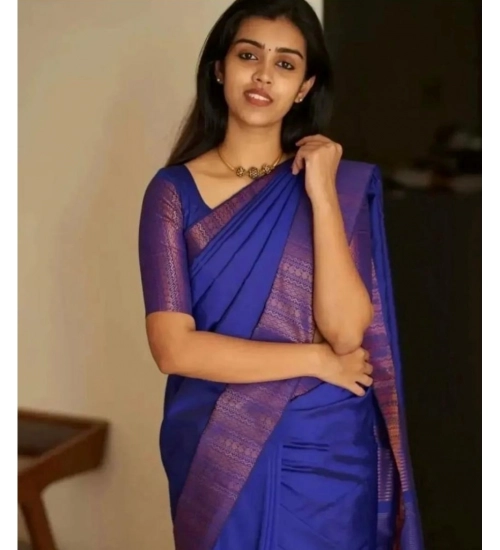 Generic Women's Silk Printed Saree With Unstitched Blouse 5.5Mtr (Blue)