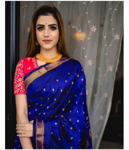 Generic Women's Silk Printed Saree With Unstitched Blouse 5.5Mtr (Blue)