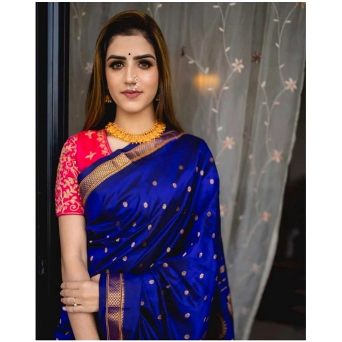 Women's Silk Printed Saree With Unstitched Blouse 5.5Mtr (Blue) Women's Silk Printed Saree With Unstitched Blouse 5.5Mtr (Blue)