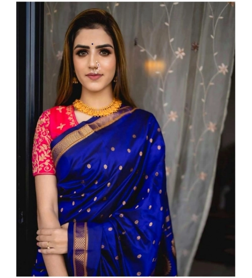 Generic Women's Silk Printed Saree With Unstitched Blouse 5.5Mtr (Blue)