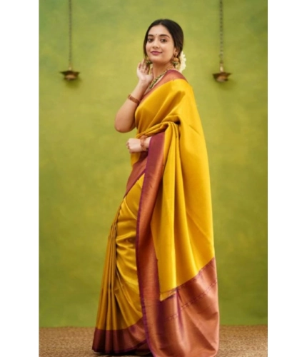 Generic Women's Silk Printed Saree With Unstitched Blouse 5.5Mtr (Yellow)