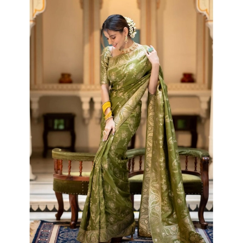 Women's Silk Printed Saree With Unstitched Blouse 5.5Mtr (Olive Green) Women's Silk Printed Saree With Unstitched Blouse 5.5Mtr (Olive Green)