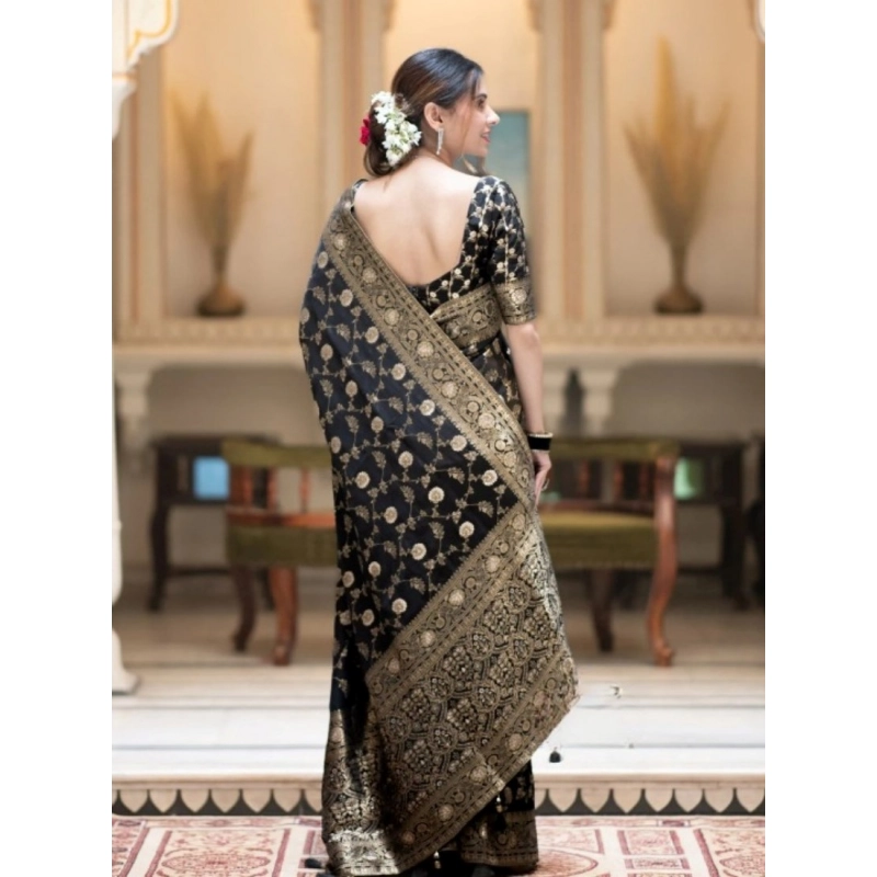 Women's Silk Printed Saree With Unstitched Blouse 5.5Mtr (Black)