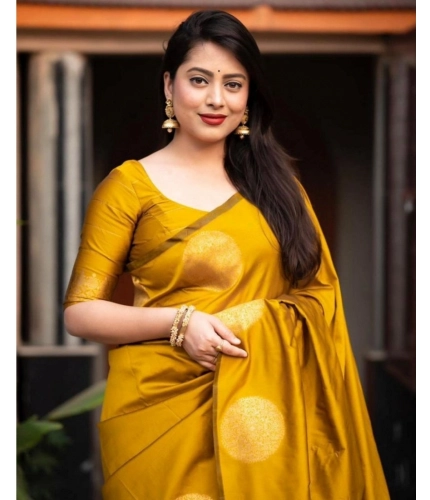Generic Women's Silk Printed Saree With Unstitched Blouse 5.5Mtr (Yellow)