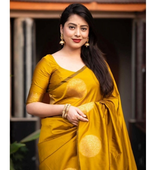 Generic Women's Silk Printed Saree With Unstitched Blouse 5.5Mtr (Yellow)