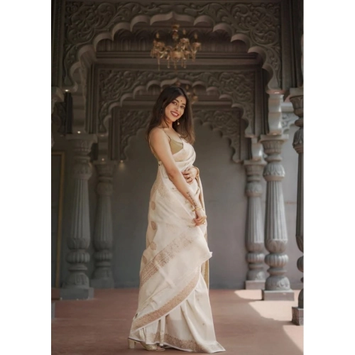 Women's Cotton  Printed Saree With Unstitched Blouse 5.5Mtr (Cream)