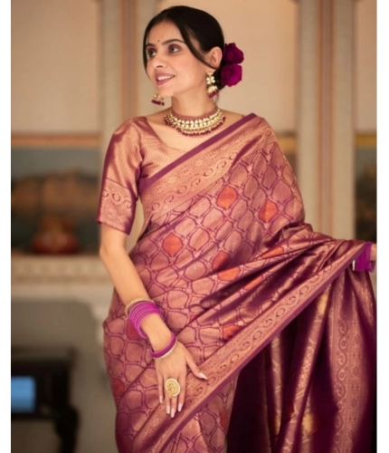 Generic Women's Silk Printed Saree With Unstitched Blouse 5.5Mtr (Wine)