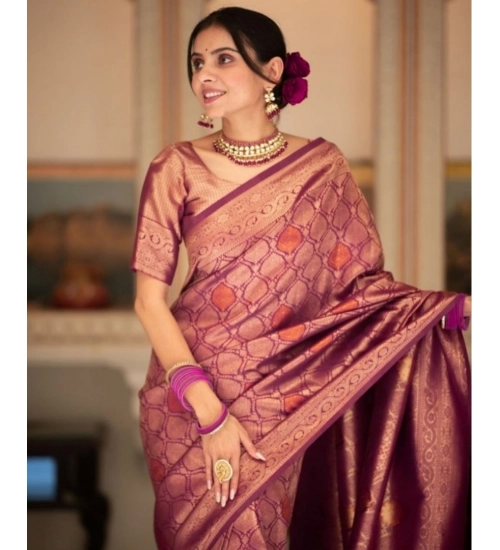 Generic Women's Silk Printed Saree With Unstitched Blouse 5.5Mtr (Wine)