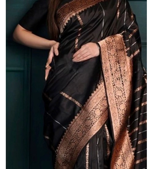 Generic Women's Silk Printed Saree With Unstitched Blouse 5.5Mtr (Black)