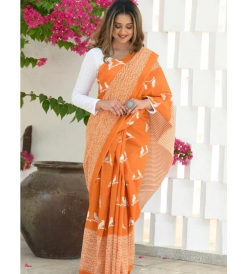 Generic Women's Silk Printed Saree With Unstitched Blouse 5.5Mtr (Orange)