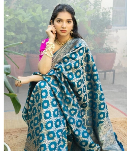 Generic Women's Silk Printed Saree With Unstitched Blouse 5.5Mtr (Sky Blue)