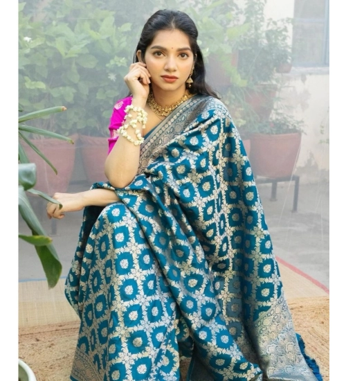 Generic Women's Silk Printed Saree With Unstitched Blouse 5.5Mtr (Sky Blue)
