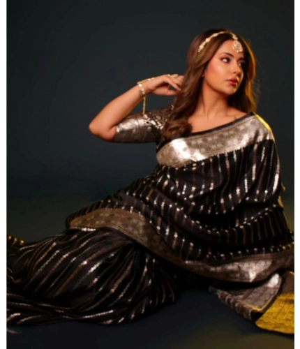 Generic Women's Silk Printed Saree With Unstitched Blouse 5.5Mtr (Black)