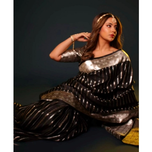 Women's Silk Printed Saree With Unstitched Blouse 5.5Mtr (Black)