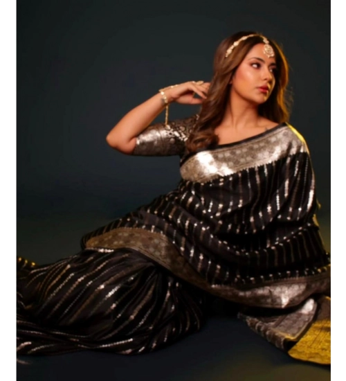 Generic Women's Silk Printed Saree With Unstitched Blouse 5.5Mtr (Black)