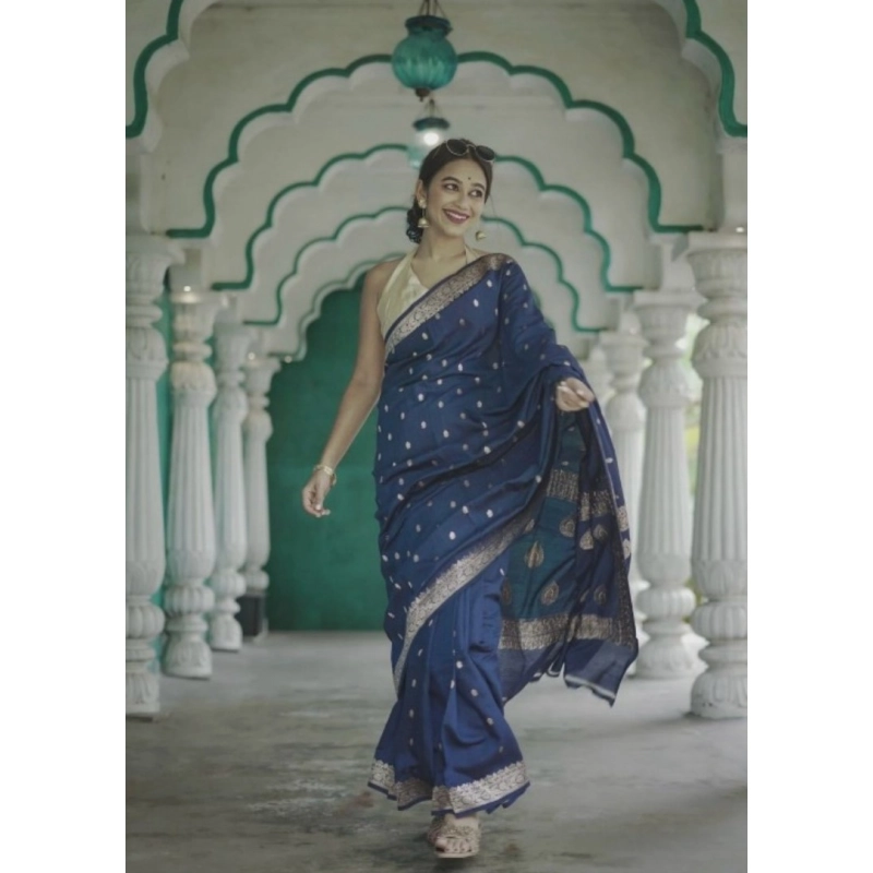 Women's Cotton  Printed Saree With Unstitched Blouse 5.5Mtr (Navy Blue)