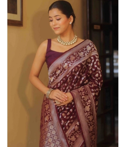 Generic Women's Silk Printed Saree With Unstitched Blouse 5.5Mtr (Maroon)
