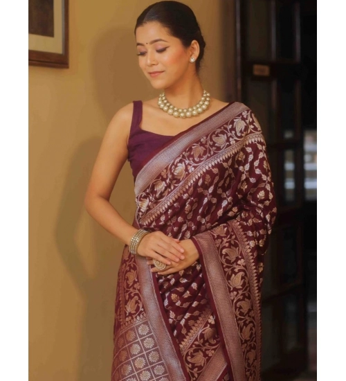 Generic Women's Silk Printed Saree With Unstitched Blouse 5.5Mtr (Maroon)