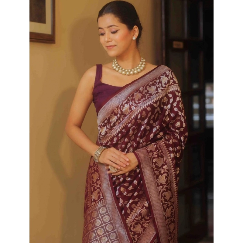 Women's Silk Printed Saree With Unstitched Blouse 5.5Mtr (Maroon)
