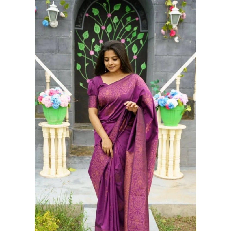 Women's Silk Printed Saree With Unstitched Blouse 5.5Mtr (Purple)