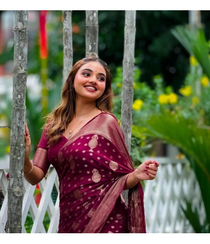 Generic Women's Silk Printed Saree With Unstitched Blouse 5.5Mtr (Wine)