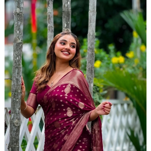 Women's Silk Printed Saree With Unstitched Blouse 5.5Mtr (Wine)