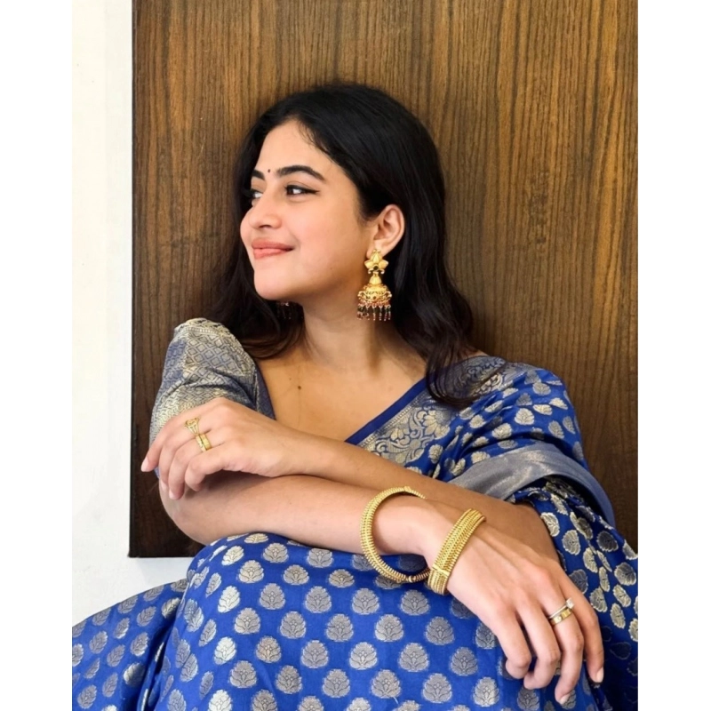 Women's Silk Printed Saree With Unstitched Blouse 5.5Mtr (Royal Blue)