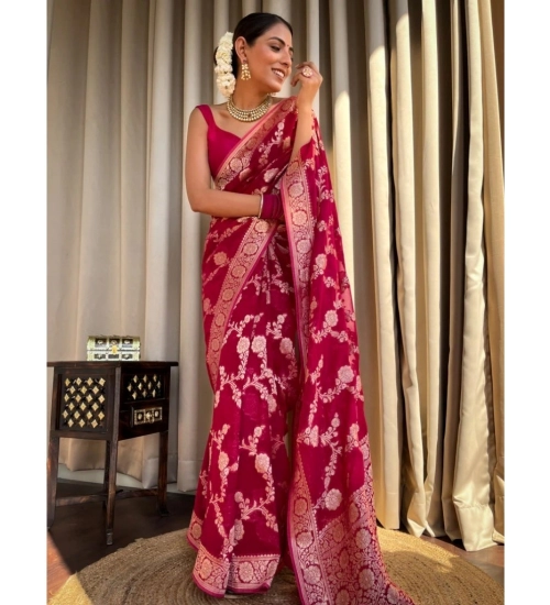 Generic Women's Silk Printed Saree With Unstitched Blouse 5.5Mtr (Pink)
