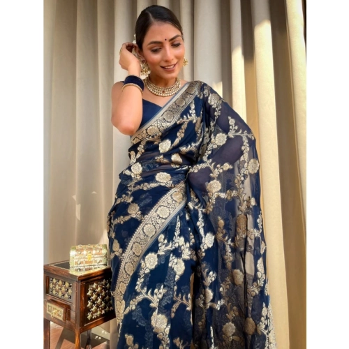 Women's Silk Printed Saree With Unstitched Blouse 5.5Mtr (Dark Blue) Women's Silk Printed Saree With Unstitched Blouse 5.5Mtr (Dark Blue)
