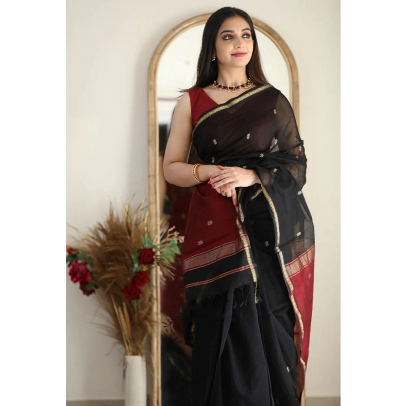 Women's Cotton  Printed Saree With Unstitched Blouse 5.5Mtr (Black)