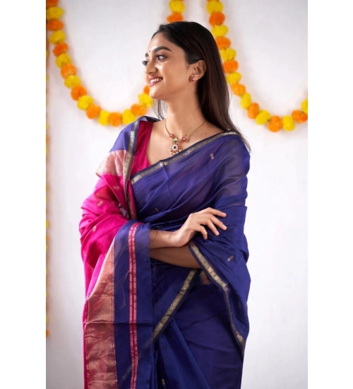 Generic Women's Cotton  Printed Saree With Unstitched Blouse 5.5Mtr (Blue)