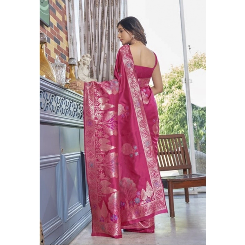 Women's Silk Printed Saree With Unstitched Blouse 5.5Mtr (Rani Pink)