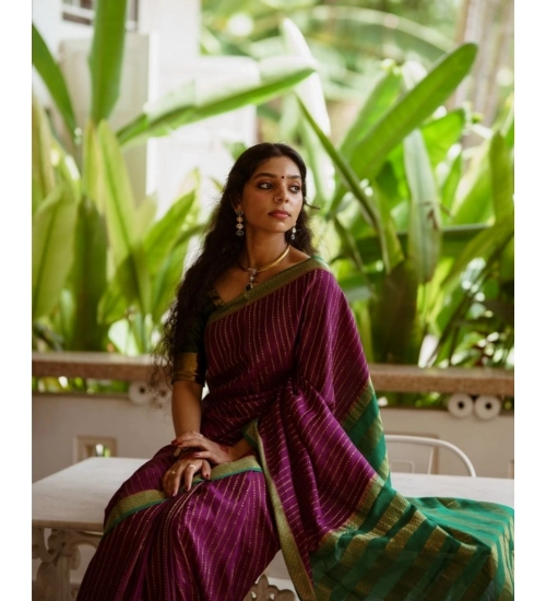 Generic Women's Silk Printed Saree With Unstitched Blouse 5.5Mtr (Wine)
