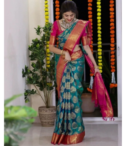 Generic Women's Silk Printed Saree With Unstitched Blouse 5.5Mtr (Teal Blue)