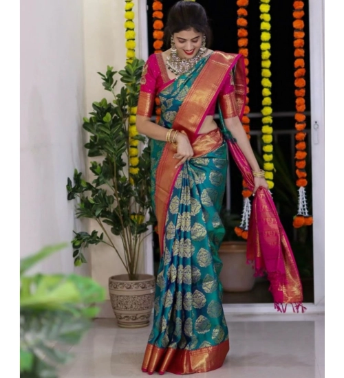 Generic Women's Silk Printed Saree With Unstitched Blouse 5.5Mtr (Teal Blue)