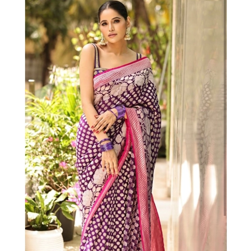 Women's Silk Printed Saree With Unstitched Blouse 5.5Mtr (Purple) Women's Silk Printed Saree With Unstitched Blouse 5.5Mtr (Purple)