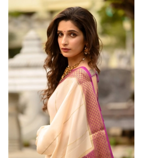 Generic Women's Silk Printed Saree With Unstitched Blouse 5.5Mtr (Off White-Pink)