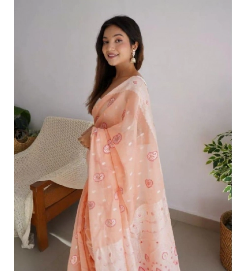 Generic Women's Cotton  Printed Saree With Unstitched Blouse 5.5Mtr (Peach)