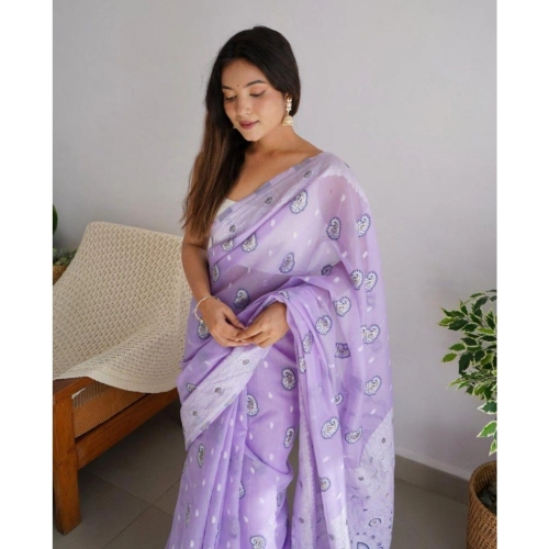 Women's Cotton  Printed Saree With Unstitched Blouse 5.5Mtr (Lavender)