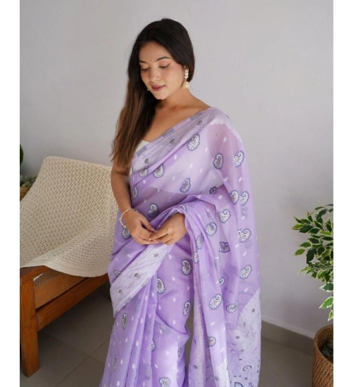 Generic Women's Cotton  Printed Saree With Unstitched Blouse 5.5Mtr (Lavender)